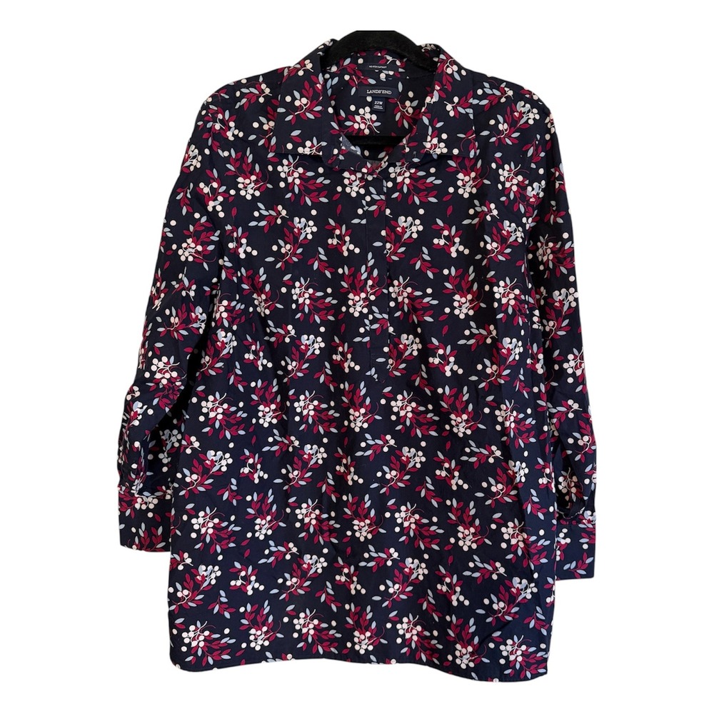 Lands End No Iron Supima Cotton Tunic Womens 22W Navy Blue Floral Berry Shirt